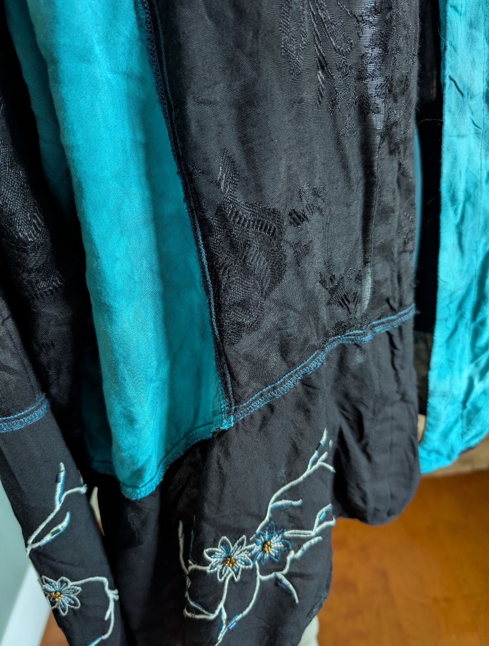 Vintage Beaded Patchwork Open Shirt Top 2X Black Teal Embroidered Artsy Boho image 2